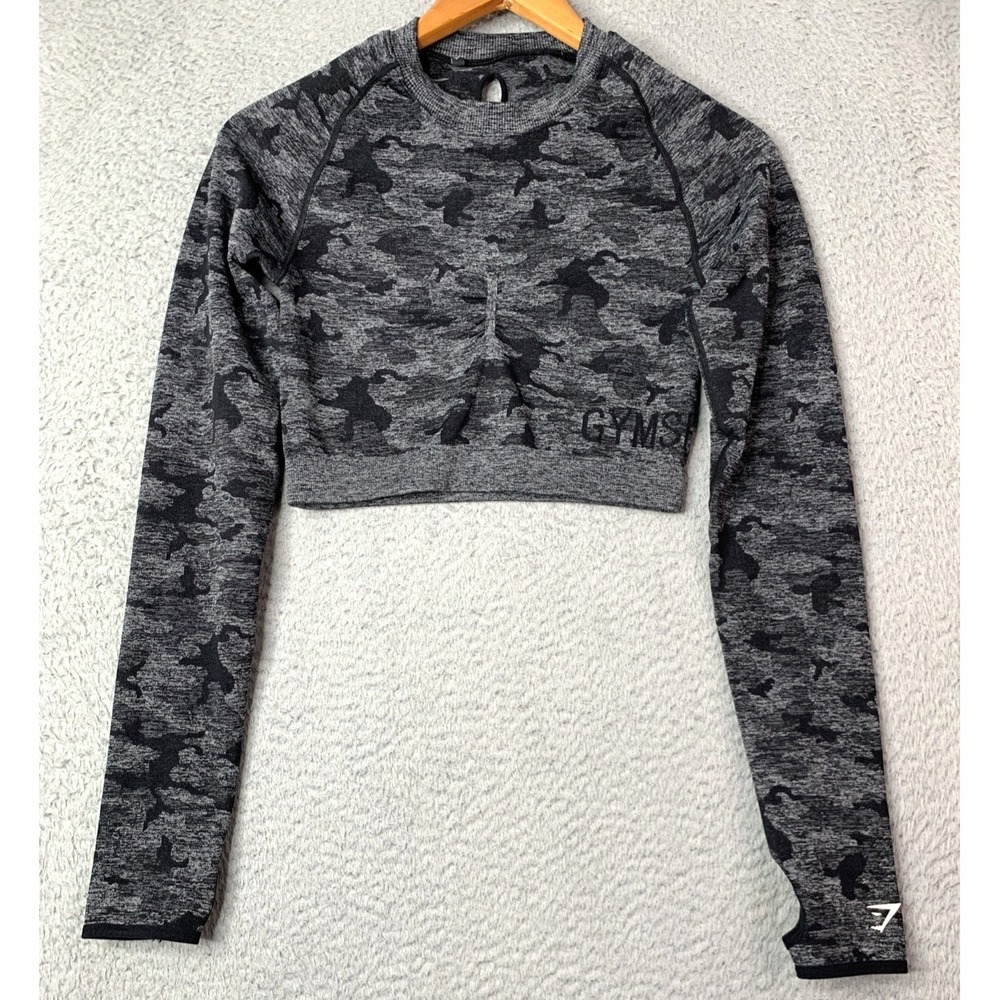 Gymshark Top Womens Size X Small Camo Long Sleeve Black Gray Activewear Gymshark - Picture 1 of 6